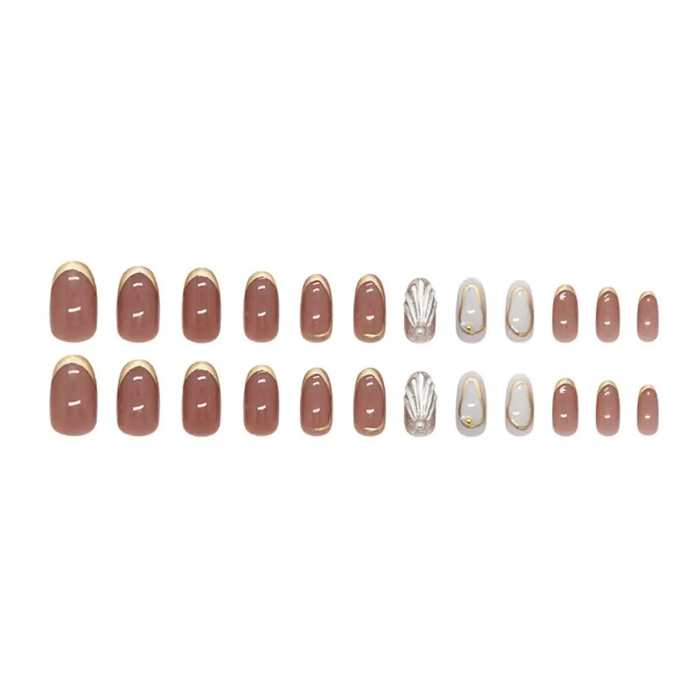 24pcs Manicure Oval False Nails Cat Eye Shell French Fake Nails Detachable Pearl Press on Nails Women