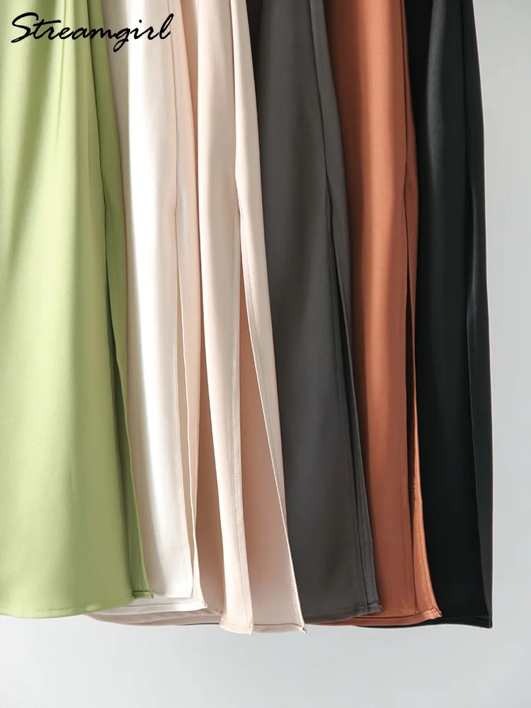 Women Green Midi Skirts A Line With Slit Office High Waist Women's Satin Skirts Elastic Waist Solid Silk Slit Skirts For Women