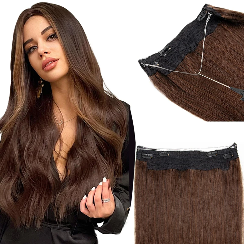 #4 Dark Brown Fish Line Wire Hair Extensions Invisible Clip in Human Hair Extensions 4 Clips Real Natural Hair 12-24Inch