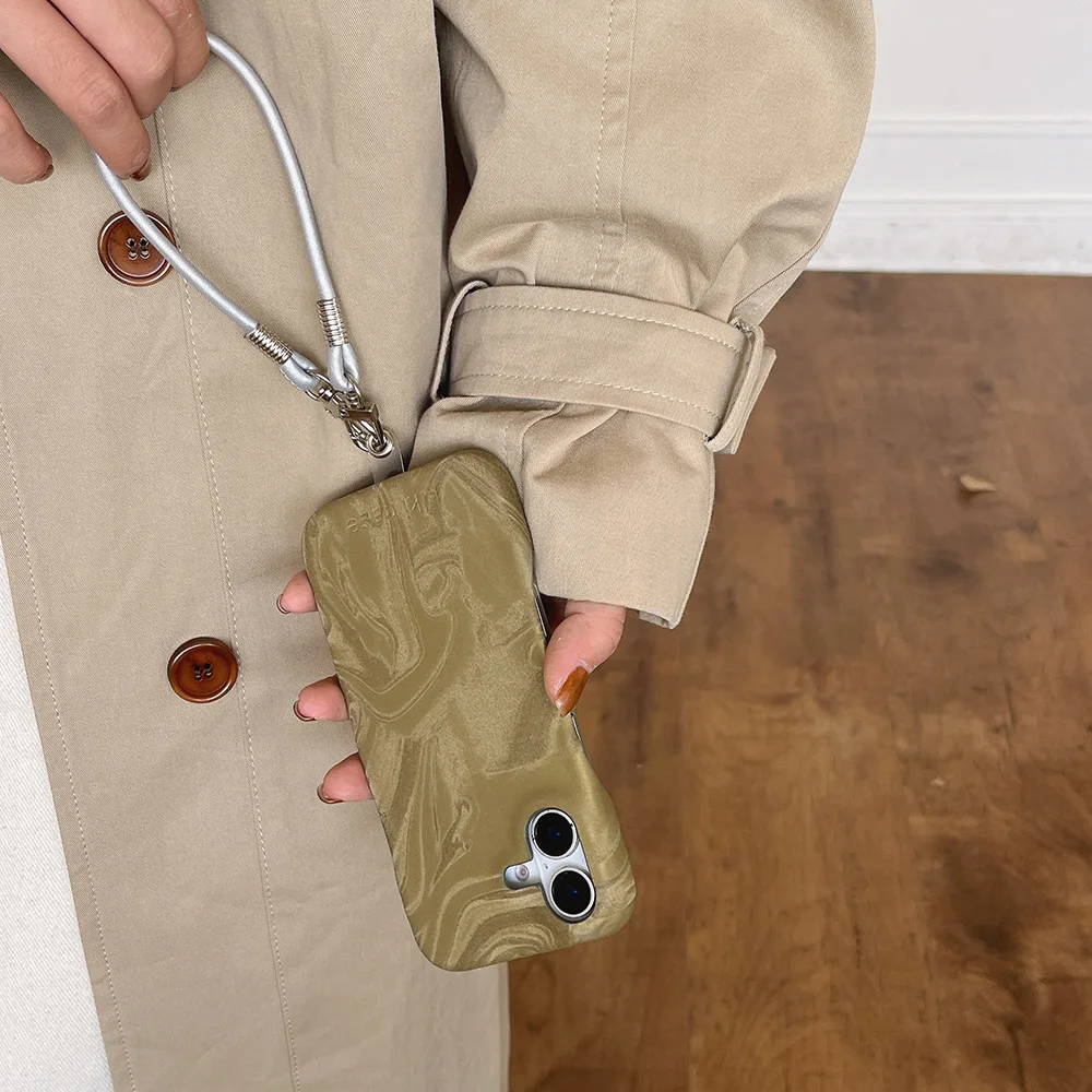 Retro Style Marble Pattern Silk Texture Leather Case For iPhone 16 15 14 13 12 11 Pro Max Phone Cover Fall Prevention Lanyard