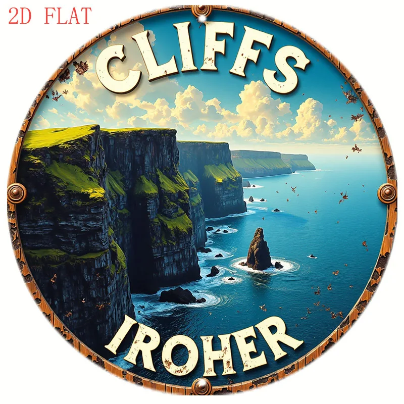 2D Flat, 1pc 20.32cm Cliffs of Moher, Irish Coast Metal Wall Art Sign - Rustic Aluminum Round Irish Landscape Decor, Suitable fo