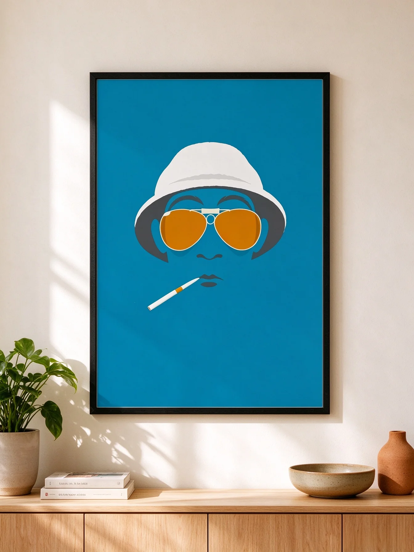 Pop Art Blue Portrait Wall Print, Retro Man with Bucket Hat & Orange Sunglasses, Bold Modern Statement Home Decor Art