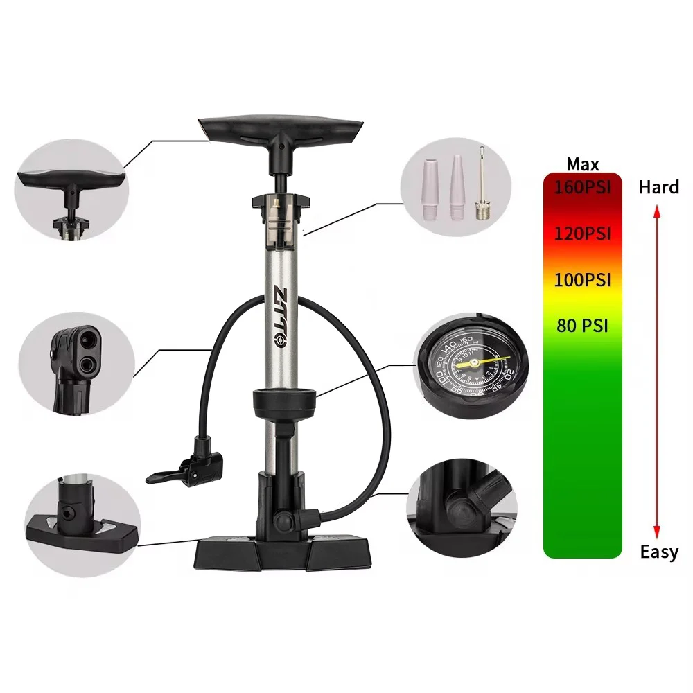 ZTTO Bicycle Pump 160PSI Air Pump With Pressure Gauge Tire Floor Pump Schrader Presta Valve Inflator Portable High Pressure Pump