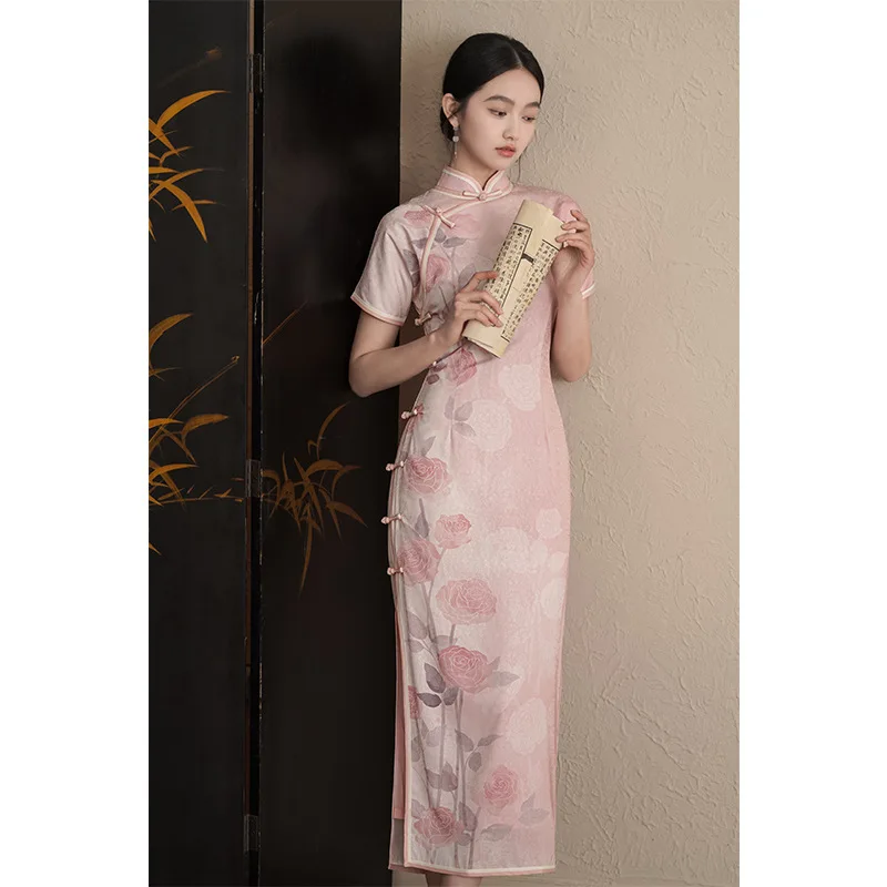 Women Cotton Chinese Style Dress Gown Pink Print Cheongsam Long Vestidos You Lady Summer New Qipao Improved Cheongsams