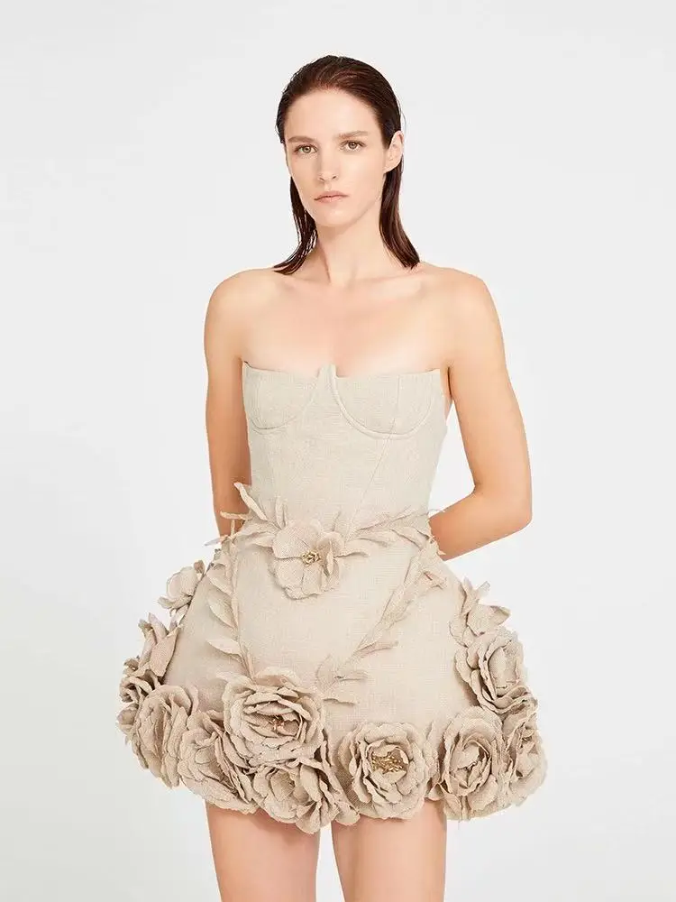 

2025 Women Summer Celebrity Sexy Strapless Flowers Khaki Midi Bodycon Dress Elegant Evening Club Party Dress