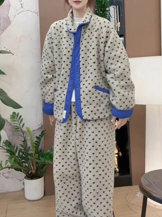 

Fashionable Polka Dot Color Block Thickened Winter Sleepwear Set Women's Casual Home Clothes High Waist Long Pants Comfortable