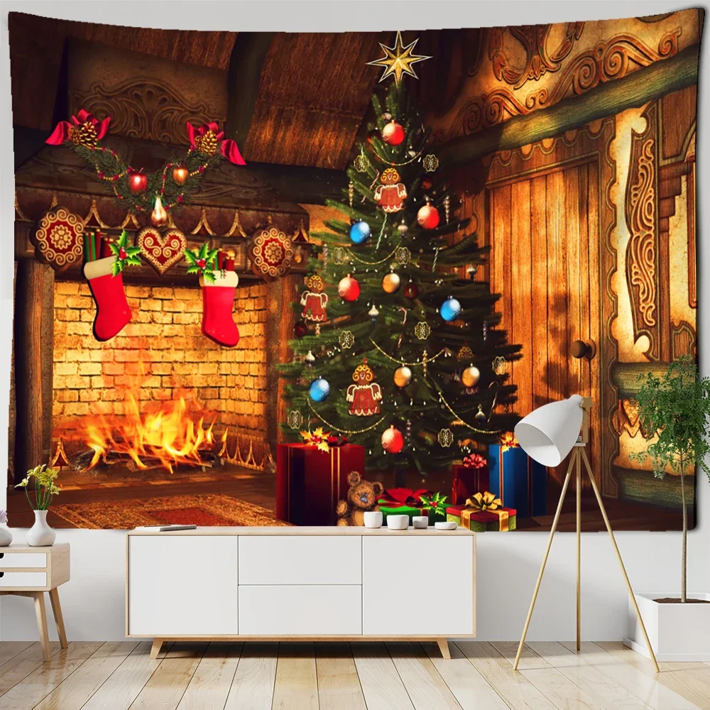 Neon Fireplace Tapestry Wall Hanging Christmas Tree Gift Socks New Year Atmosphere Background Cloth Witchcraft Home Decor