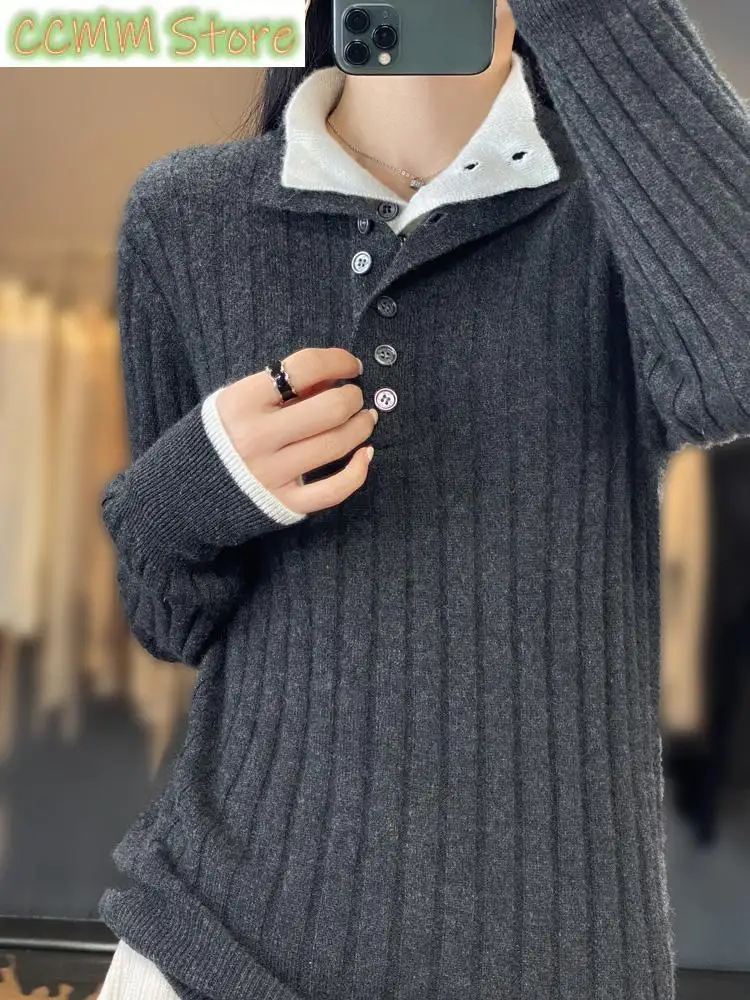 

Fashion Women's Casual Turn-down Collar Pullover Sweater Merino Wool Autumn Winter Thickened Warm Cashmere Knitwear Clothes