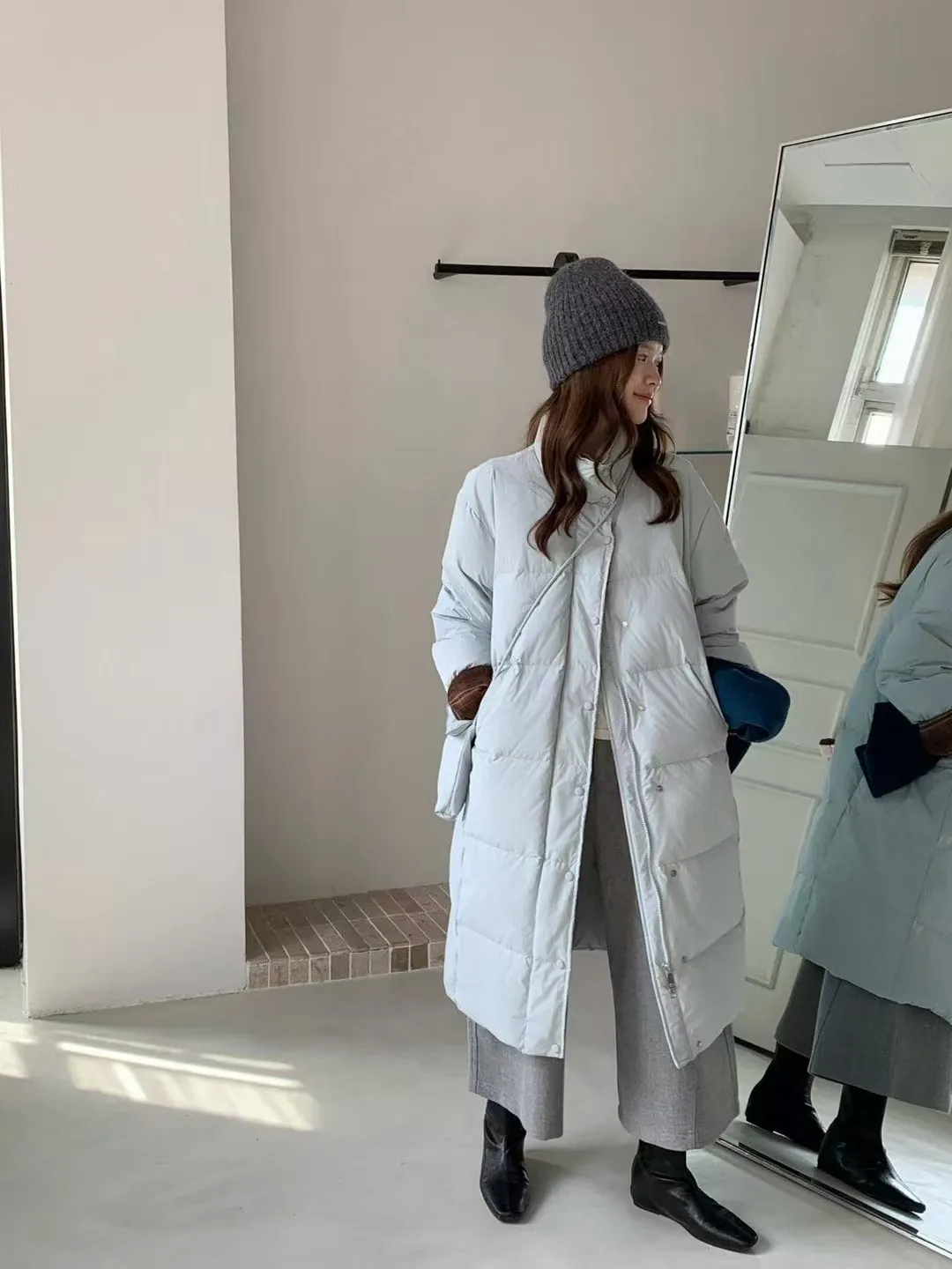 XF2356 الخريف/الشتاء 25 الملابس النسائية الجديدة النسخة الكورية الوجه كم الوقوف طوق طويل فوق الركبة بطة بيضاء أسفل سترة #3