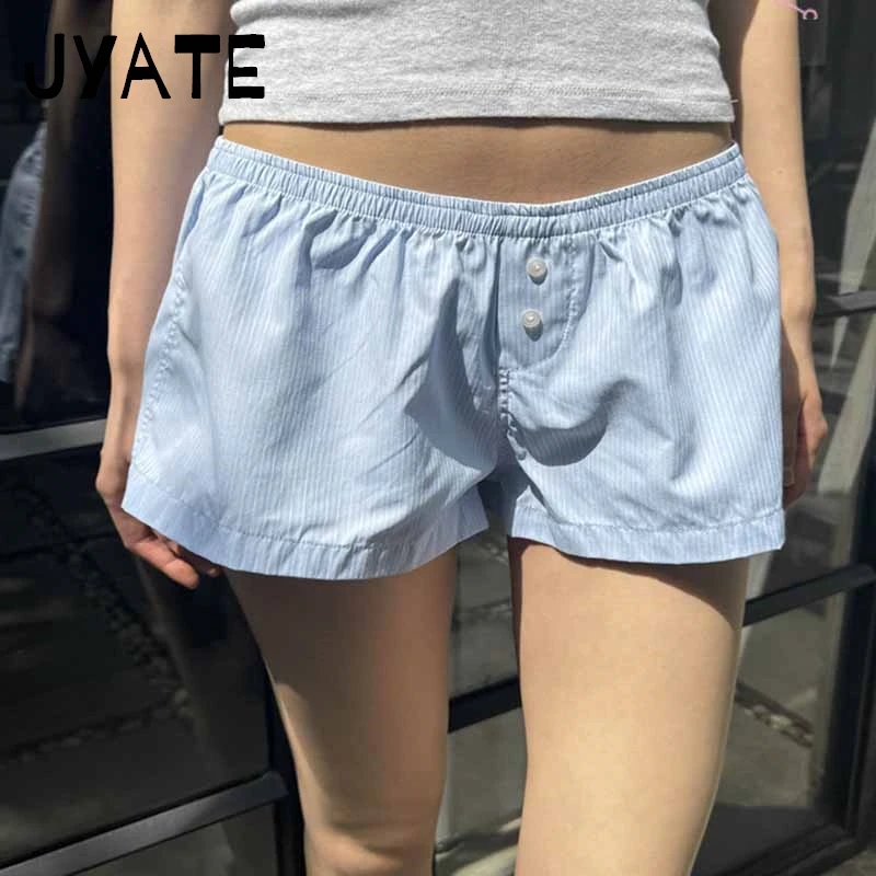 

Classic Blue Striped Buttons Short Pants Women Summer Casual Street Elastic Waist Underwear Simple Sweet Harajuku Shorts Y2K