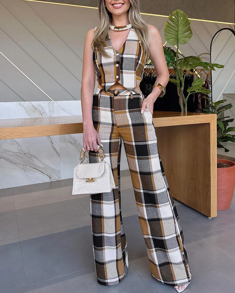 

Plaid Pattern Sets Sets for Women 2 Pieces Outfits 2025 Sleeveless Button Lace Up Pocket Blazer Vest & Pants Set Lady Office