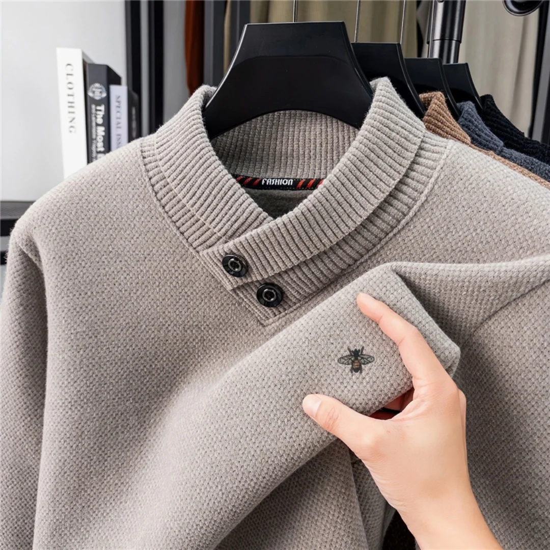 

O-Neck Bee Embroidery Fleece Thicken Men's Pullover New Quality Hot Sale Knit Sweater Winter Fashion Warm Trend Casual Menswear