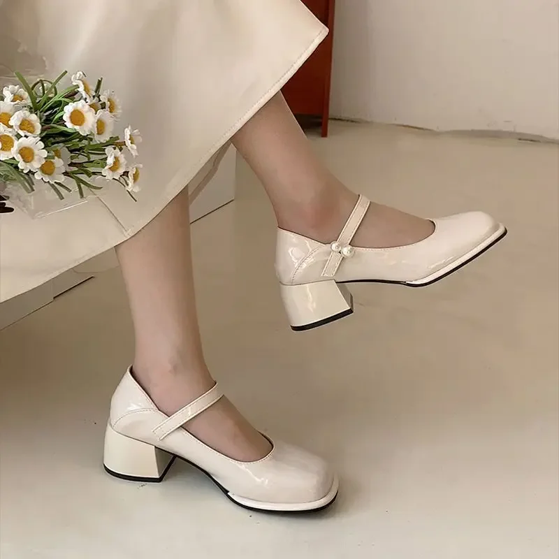 Pearl Square Heels Shoes for Women Chunky Beige with Medium Normal Leather Casual Japanese Style Lolita Toe Gothic Mary Jane L A