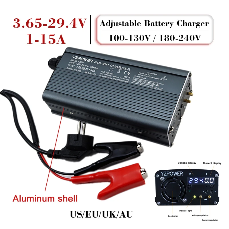 3.65V 14.6V 29.2V 15A Lifepo4 Lithium Battery Charger LED Charger Adjustable Voltage 3.65-29.2V and 1-15A Current Aluminum Shell