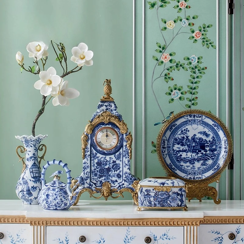 Chinese style ceramic inlaid copper blue and white porcelain vase flower and bird tissue box living room decoration ornament