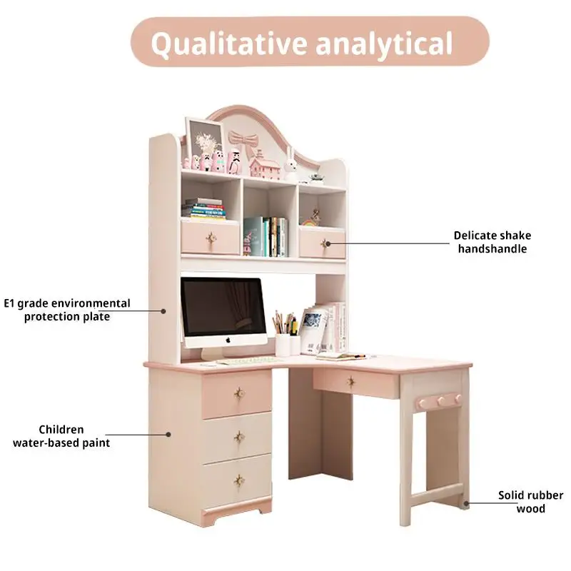 Pink L-Shape Children’s Desk &Chair Set Large Storage Drawers Versatile Computer Table Legs Girl Kids Wood Desk with Bookshelf