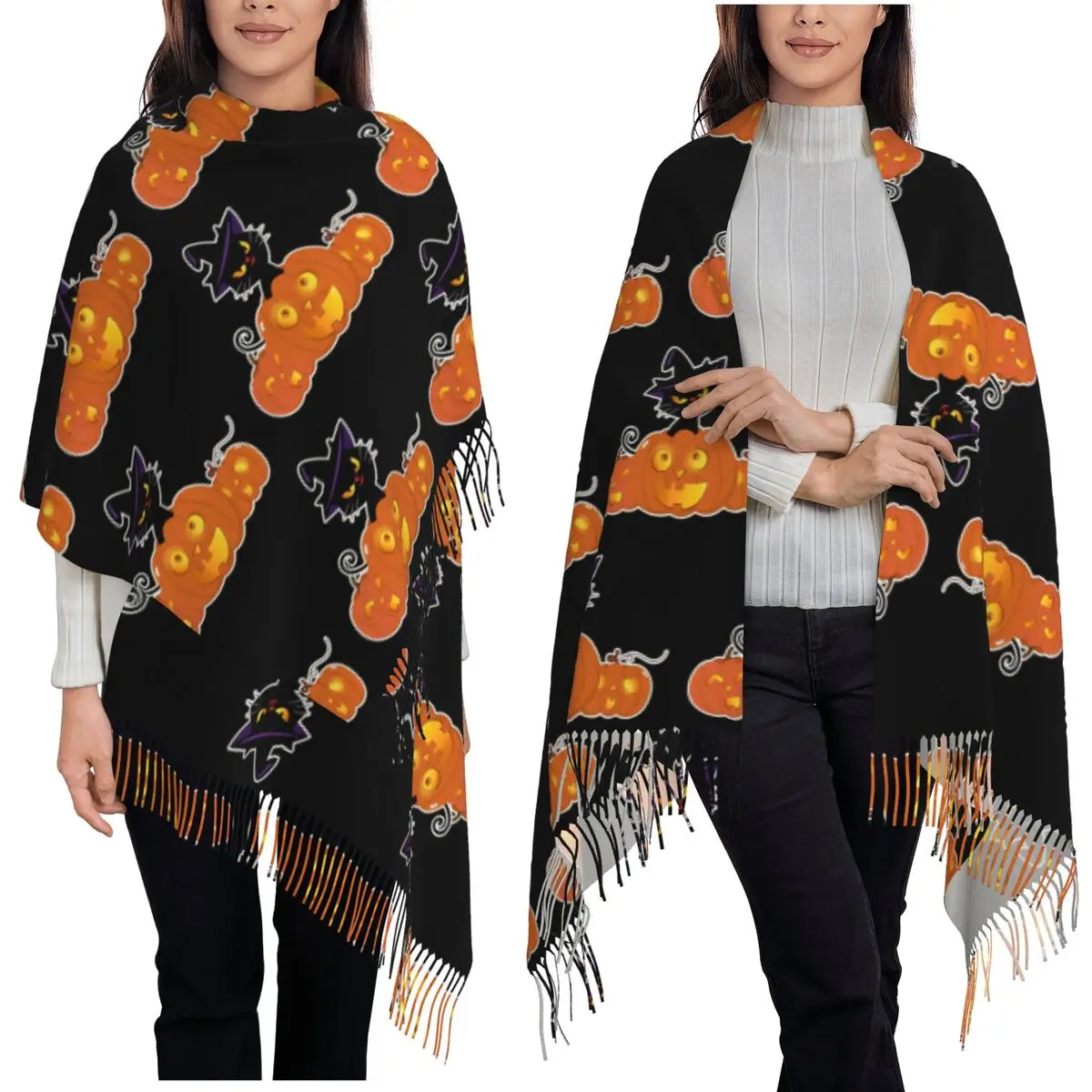 Halloween Black Cat And Pumpkin Pattern Scarf Tassel Scarves Women Soft Warm Shawls and Wraps Long Fall Winter Shawl Wrap
