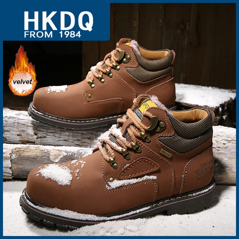 HKDQ Winter Warm Velvet Outdoor Boots Man High Quality Leather High Top Men's Hiking Shoes Lace-up Anti-slip Work Boots For Men