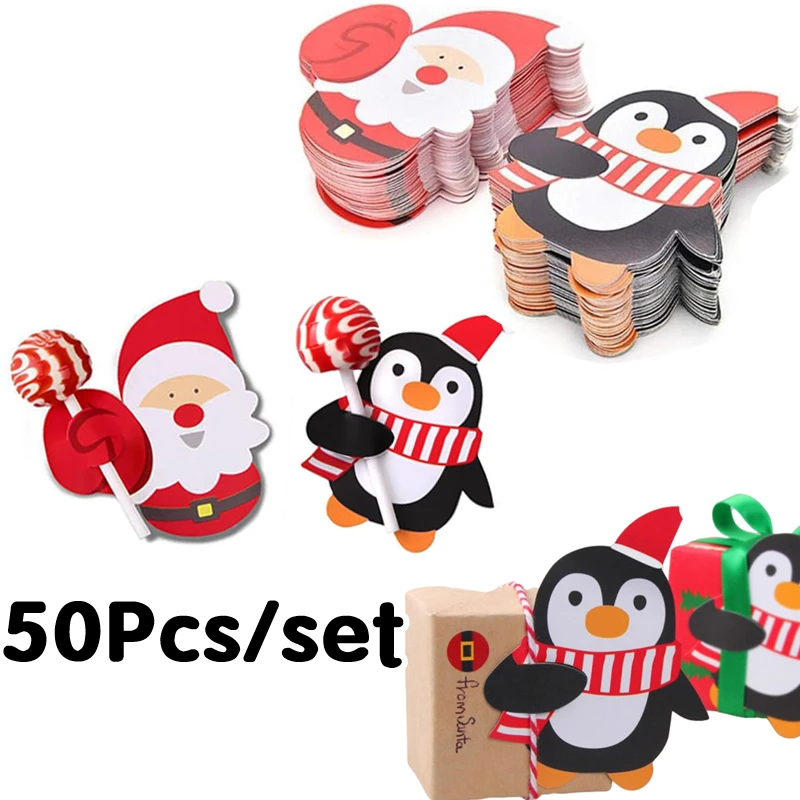 50Pcs/pack Christmas Lollipop Paper Cards DIY Santa Penguin Candy Lollipop Decoration Cards Paper Candy Holders Party Supplies