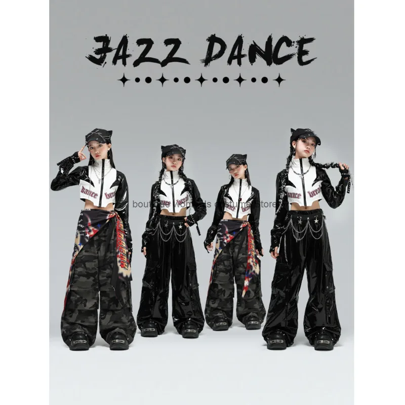 

Jazz Dance Girls' Clothing Trendy Children's Leather Jacket Fashionable Street Dance Performance Outfit Street Show