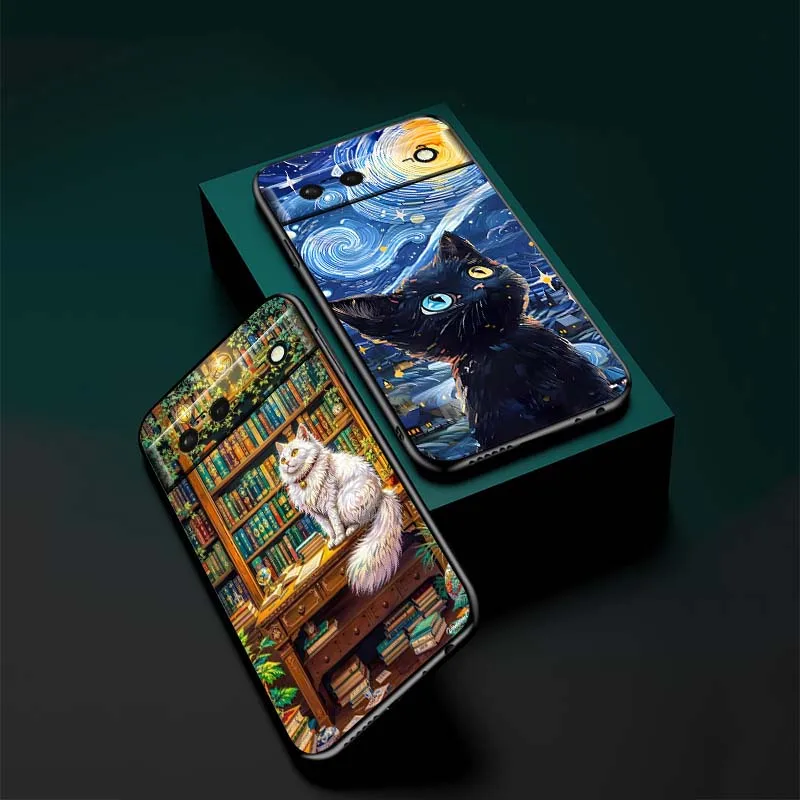 Funda con patrón de gato bonito de dibujos animados para Google Pixel 10 9a 9 8A 8 7 7A 6 6A Pro XL 2024 5G silicona TPU suave negra