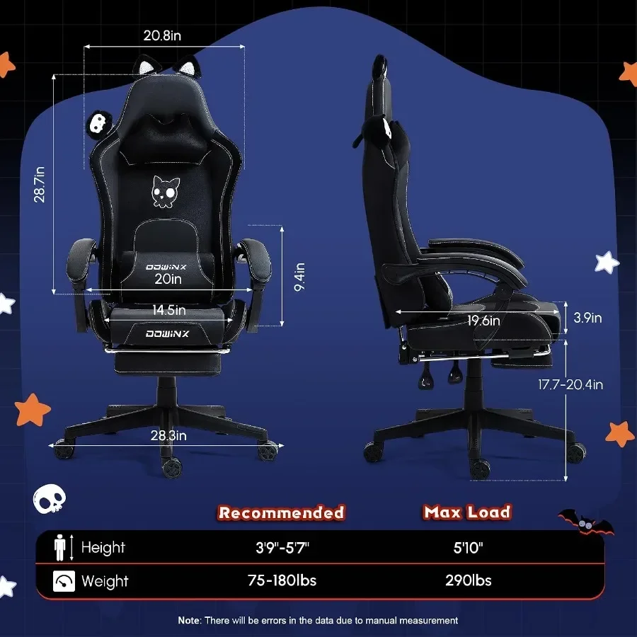 Gaming Chair for Adults with Cat Ears, Black PU Leather, Massage Lumbar Support and Ergonomic Reclining Design with Footrest an - view 2