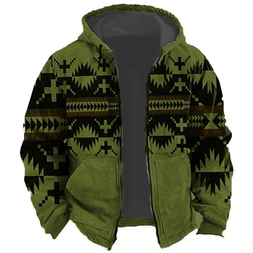 Men's Winter Jacket Zip Up Hoodies For Men Fleece Hood Jackets Clothing Tribal Traditional Print Holiday Outerwear Coat 2024