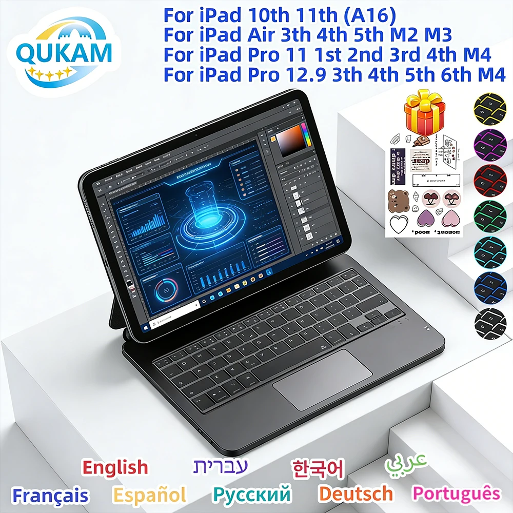 

QUKAM Backlit Wireless Magic Keyboard Case For iPad 10th Gen 11th A16 2025 Air 6 11 Pro 11/12.9 3rd 13 M4 Air 4 5 10.9 Spanish