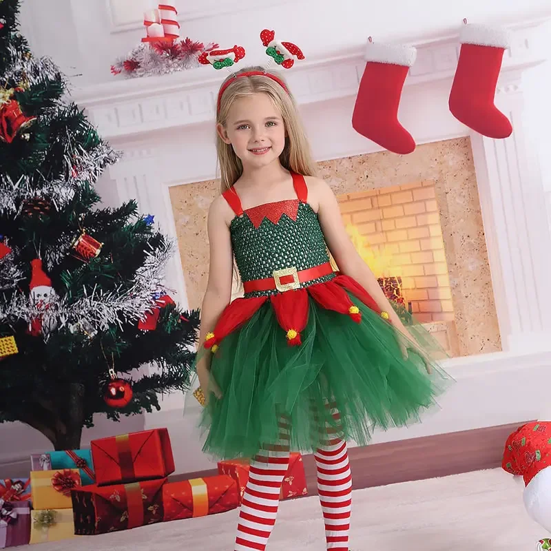 Xmas Santa Costume For Girl Lace TUTU Dress Christmas Green Red Kid Sling Party Tunic+Headband+Sock 3PC Set Child Frock Clothes