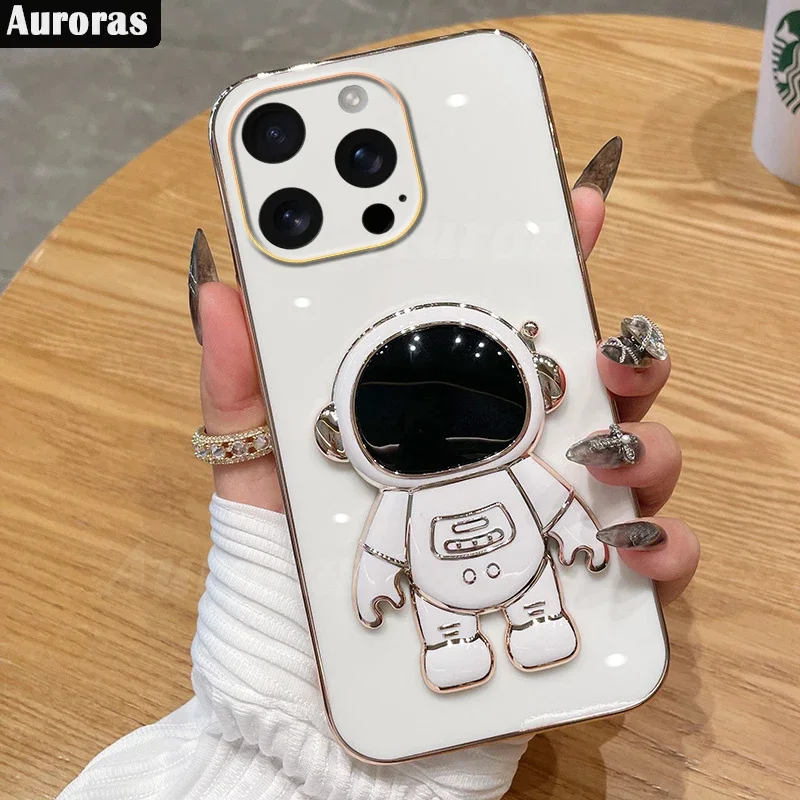 Skinlee For iPhone 16 Plus 16Pro Plus16 Case Astronaut Holder Plated Frame Soft Cover For iPhone 16 Pro Max Pro16 Back Casing