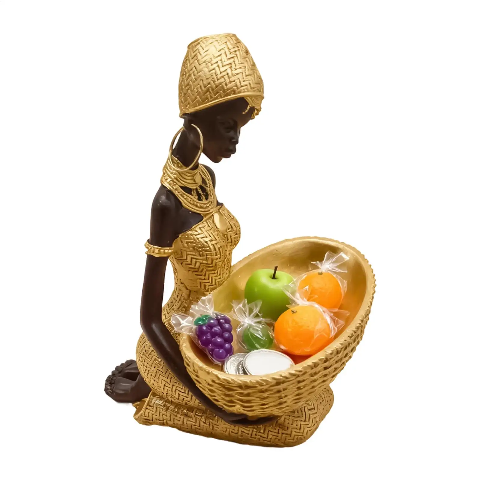 

Handmade African Seated Female Sculpture Gold Black Figurines Holding Basket Resin Vintage Tribal Women Sculpture Decor