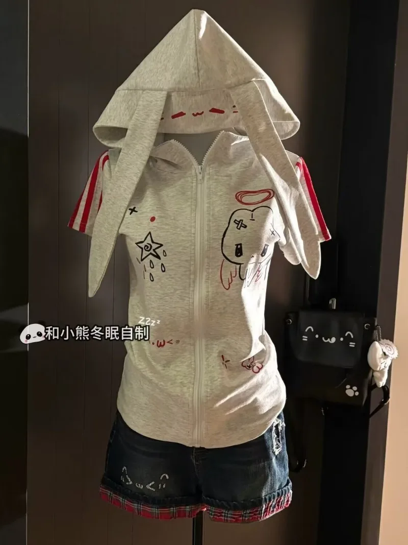 

Cute Kawaii Girls' Top Japanese Rabbit Ear Hooded Short Sleeved Zipper Jacket Girls' Tops Summer New Graphic T Shirts