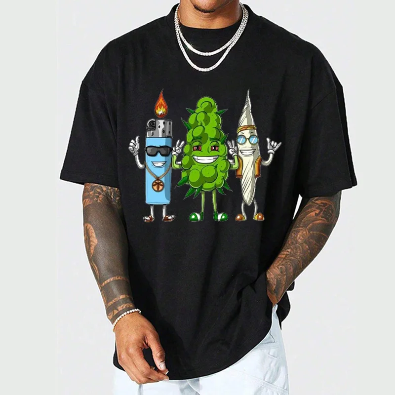 Weed Bud Joint Lighter Herb Syringe Spoof T-shirt Top Hip Hop Street Clothing Oversized Short Sleeve T-shirt Men Cotton T-shirt