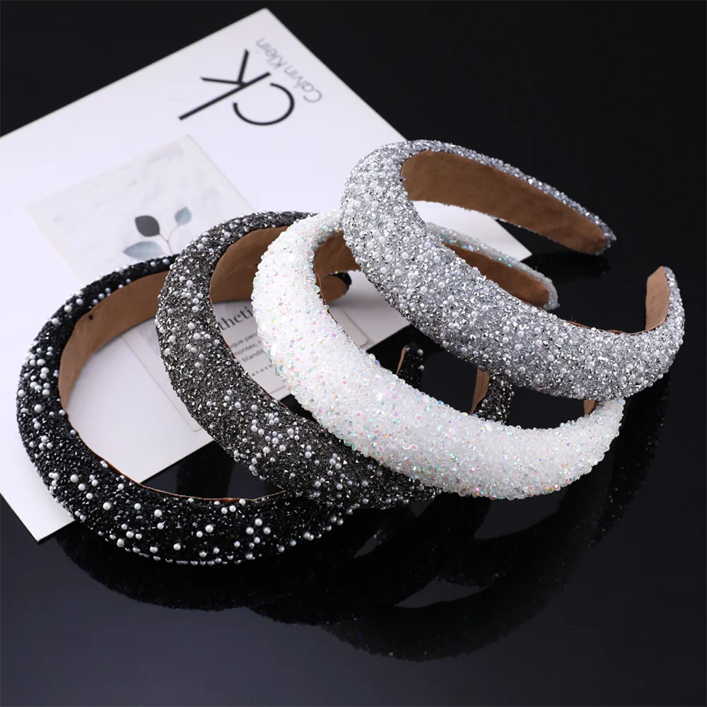 Funkelndes Strass-Haarband Elegante Kristall-Perlen-Haarbänder Breite Dicke Schwamm-Haarreifen Mädchen-Haaraccessoires Großhandel – Detail 6