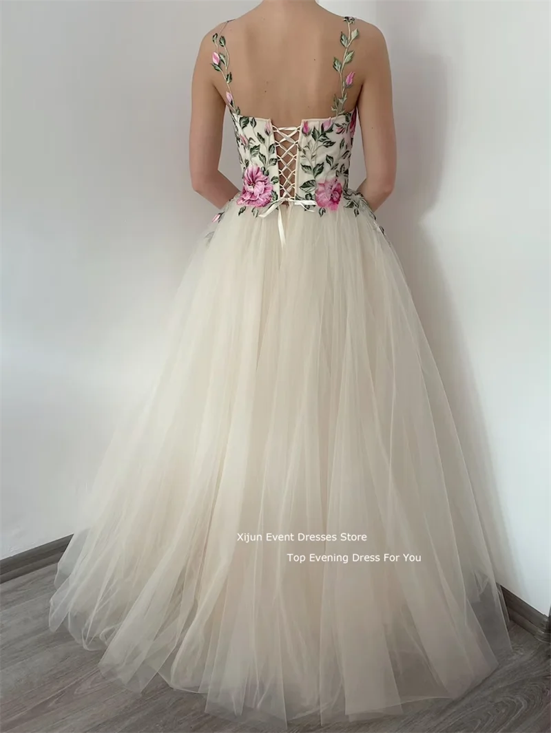 Xijun Tulle Wedding Dress A Line Spaghetti Strap Bride Dresses Evening Dress With Embroidery Flower Boho Party Dress Prom Gown