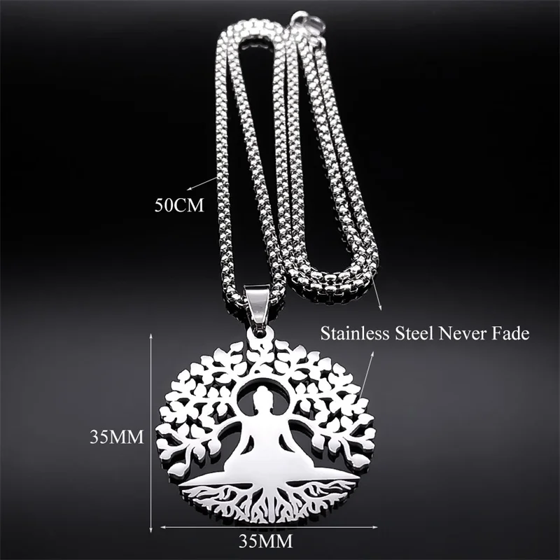 Buddhism Meditation Buddha Yoga Pendant Necklace Stainless Steel Tree of Life Buddhist Chakras Reiki Chain Jewelry collar