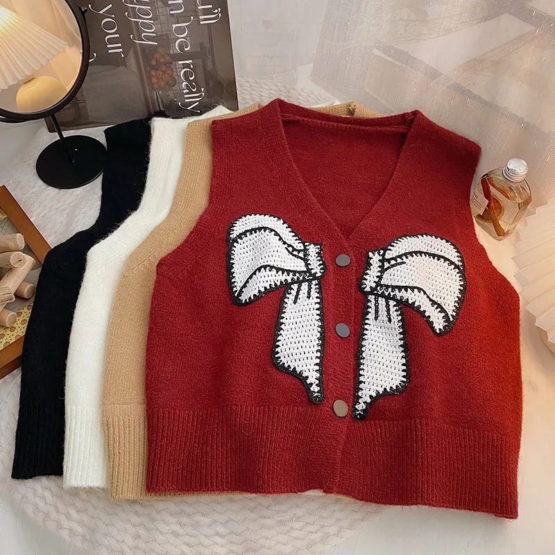 Pearl Diary Cute Women Red Cropped Sweater Cardigans Women Autumn Winter V-Neck Bows Embroidery Knit Cardigan Jacket Short Top