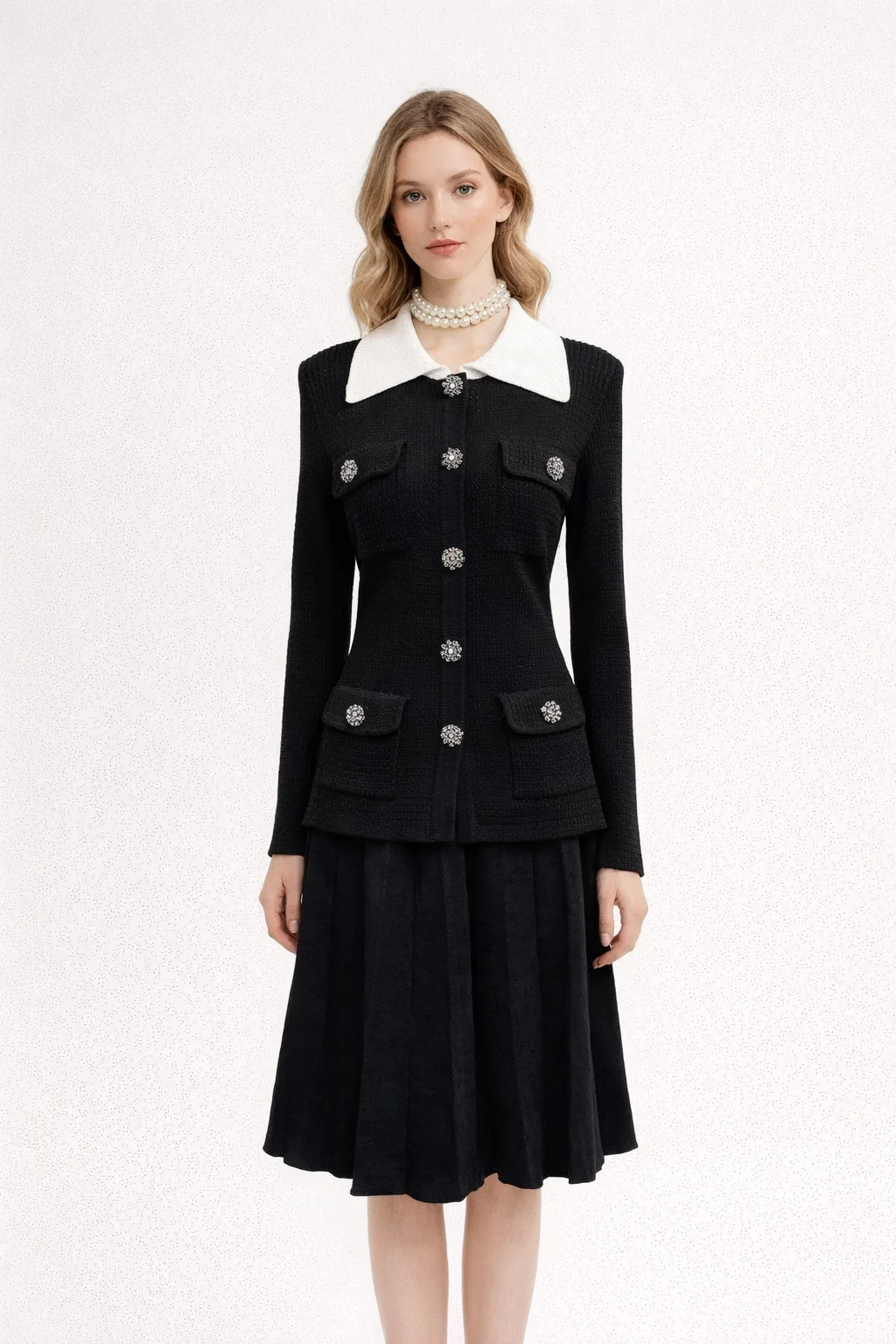 

Women's High End 2 Piece Set Black White Contrast Collar Knit Jacket Rhinestone Button Pleated Skirt Slim Party Outfit