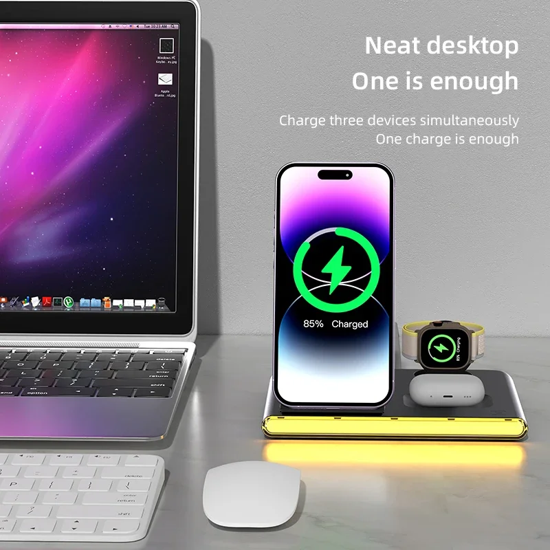 

Складная беспроводная зарядная станция 4-в-1 с LED-ночником для iPhone 16, 15, 14, 13, iWatch 9, 8, AirPods, быстрая беспроводная зарядка, подставка для зарядки