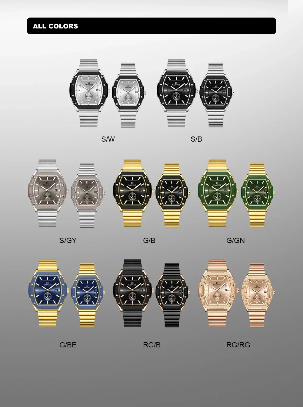 NAVIFORCENF NF8068 Night Light Waterproof Quartz Watches Lovers Casual Original Classic Stainless Steel Strap Couple Clock