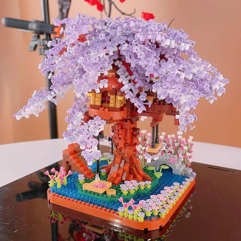 ZRK7855 Architektur Sakura Blume Baum Haus Block Garten Schaukel Fluss 3D Diamant Blöcke Ziegel Gebäude Spielzeug Keine Box