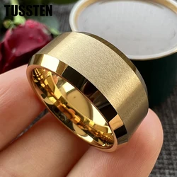 TUSSTEN 10mm Beveled Edges Matte Finish Gold Tungsten Carbide Ring for Men Women Fashion Engagement Wedding Band