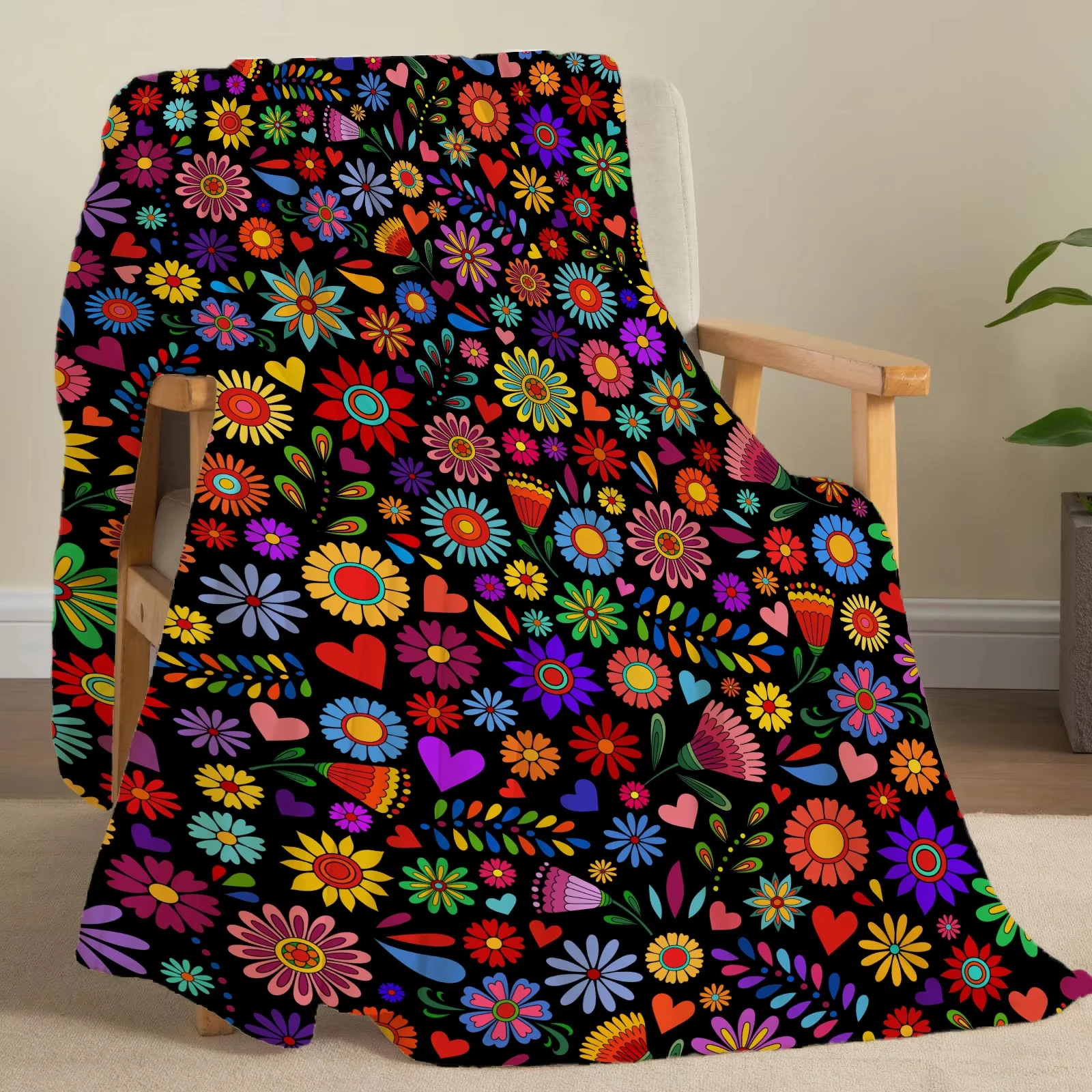 Mexican Color Floral Blanket Black Background Folk Heart Daisy Wild Flower Print Soft Flannel Fabric for Sofa Bedroom Dorm Cozy
