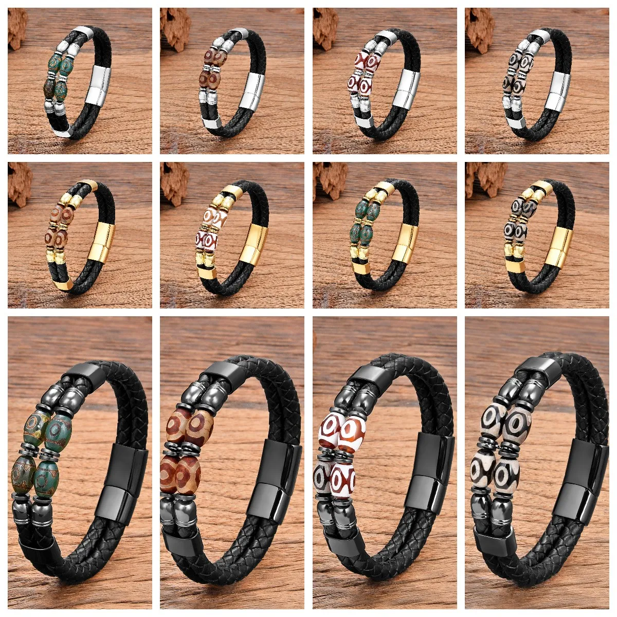 Ethnic Style Natural Stone Beaded Bracelet for Man Fashion Individuality Tibetan Dzi Beads Leather Bangles Male Jewelry Gifts