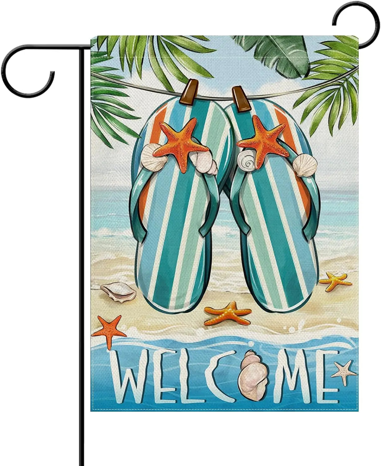 Dyrenson Welcome Summer Flip Flops Decorative Garden Flag, Beach Coastal Tropical Palm Leaves Yard Outside Home Decoration,  yyi