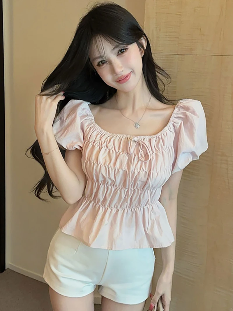 

Summer New Gentle Square Collar Pleated Belted Women's Shirt Knot Sweet Girl One Shoulder Bubble Sleeve Top