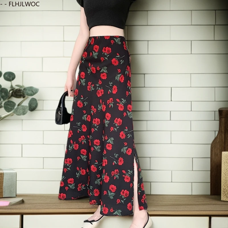 Flower Chic Korea Clothes Summer Women Cute Sweet Girls Floral Robe Holiday Date High Waist Retro Vintage Split Slit Long Skirts