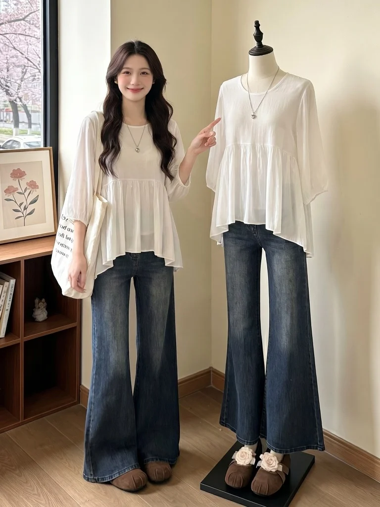 Slim Fit Green Doll Shirt Short Sleeve T-Shirt Women's Summer New plus Size Conceal Belly Slimming Top Korean Style Casual Wear