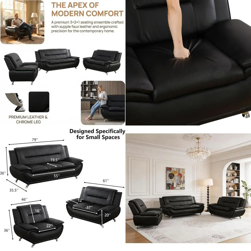 

aux Leather Soa Set or Living Room, ern Living Room urniture Set, 3 Pieces Couch Set with 3-Seater Soa, Loveseat and Armchair (B