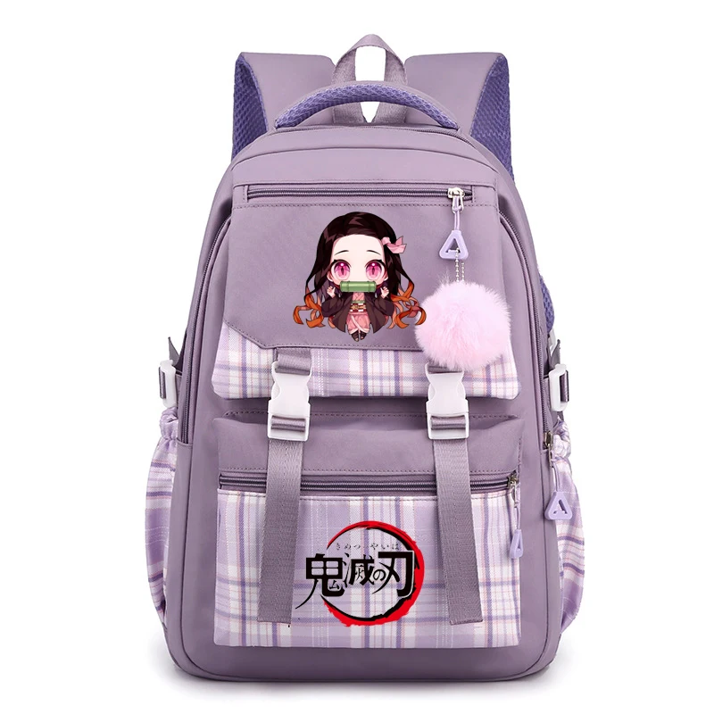 Demon Slayer Nezuko Backpacks Plaid Anime Women Girls Multi-pocket Laptop School Bags Ins Light Travel Mochilas